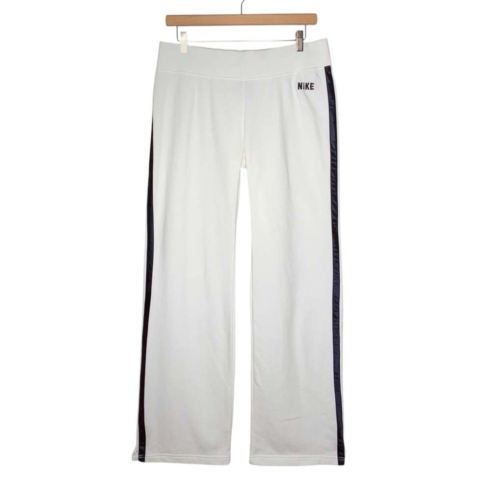 Nike Wide Leg Fleece Track Pants Sail Navy Side Stripe L 12 14 Atheisure Sporty